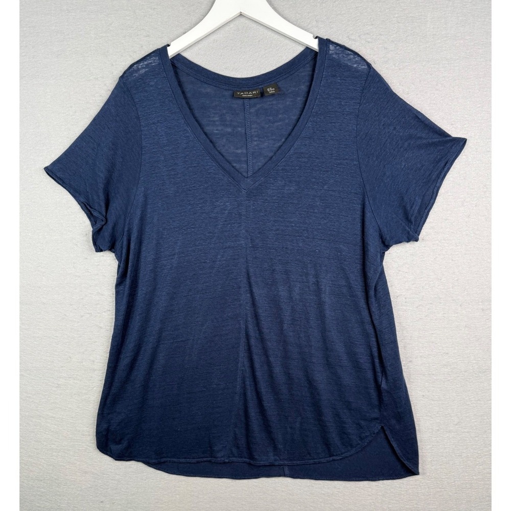 Tahari T-Shirt Women 2X Navy Blue 100% Linen V-Neck Short Sleeve Coastal Summer